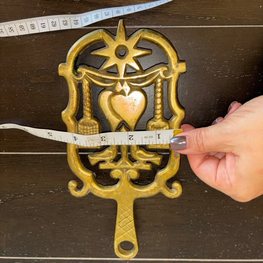 Vintage Brass Trivet | Hearth Stand | Pot Holder | Heart Birds‎ Sun Symbol
